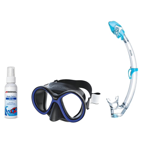 Seac Mask + Snorkel Package – Chiara Mask + Reverse Dry Snorkel + Free Mask Defog Spray — Black/Blue, Seac Tribe Dry Scuba D…
