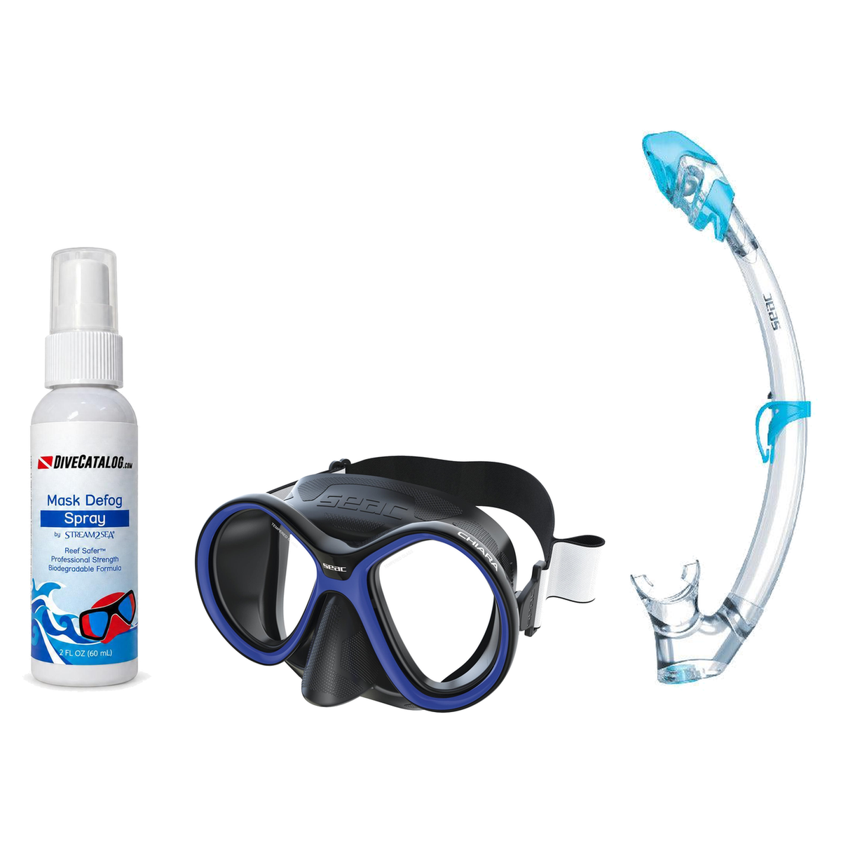 Seac Mask + Snorkel Package – Chiara Mask + Reverse Dry Snorkel + Free Mask Defog Spray — Black/Blue, Seac Tribe Dry Scuba D…