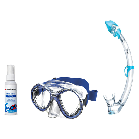 Seac Mask + Snorkel Package – Chiara Mask + Reverse Dry Snorkel + Free Mask Defog Spray — Transparent/Blue, Seac Tribe Dry S…