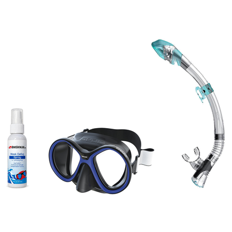 Seac Mask + Snorkel Package – Chiara Mask + Reverse Dry Snorkel + Free Mask Defog Spray — Black/Blue, Seac Fast Tech Dry Adu…