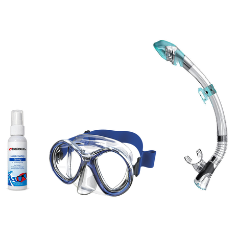 Seac Mask + Snorkel Package – Chiara Mask + Reverse Dry Snorkel + Free Mask Defog Spray — Transparent/Blue, Seac Fast Tech D…