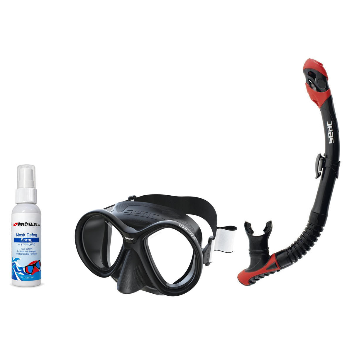 Seac Mask + Snorkel Package – Chiara Mask + Reverse Dry Snorkel + Free Mask Defog Spray — Black/Black, Seac Reverse Dry Snor…