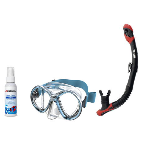 Seac Mask + Snorkel Package – Chiara Mask + Reverse Dry Snorkel + Free Mask Defog Spray — Transparent/Aquamarine, Seac Rever…