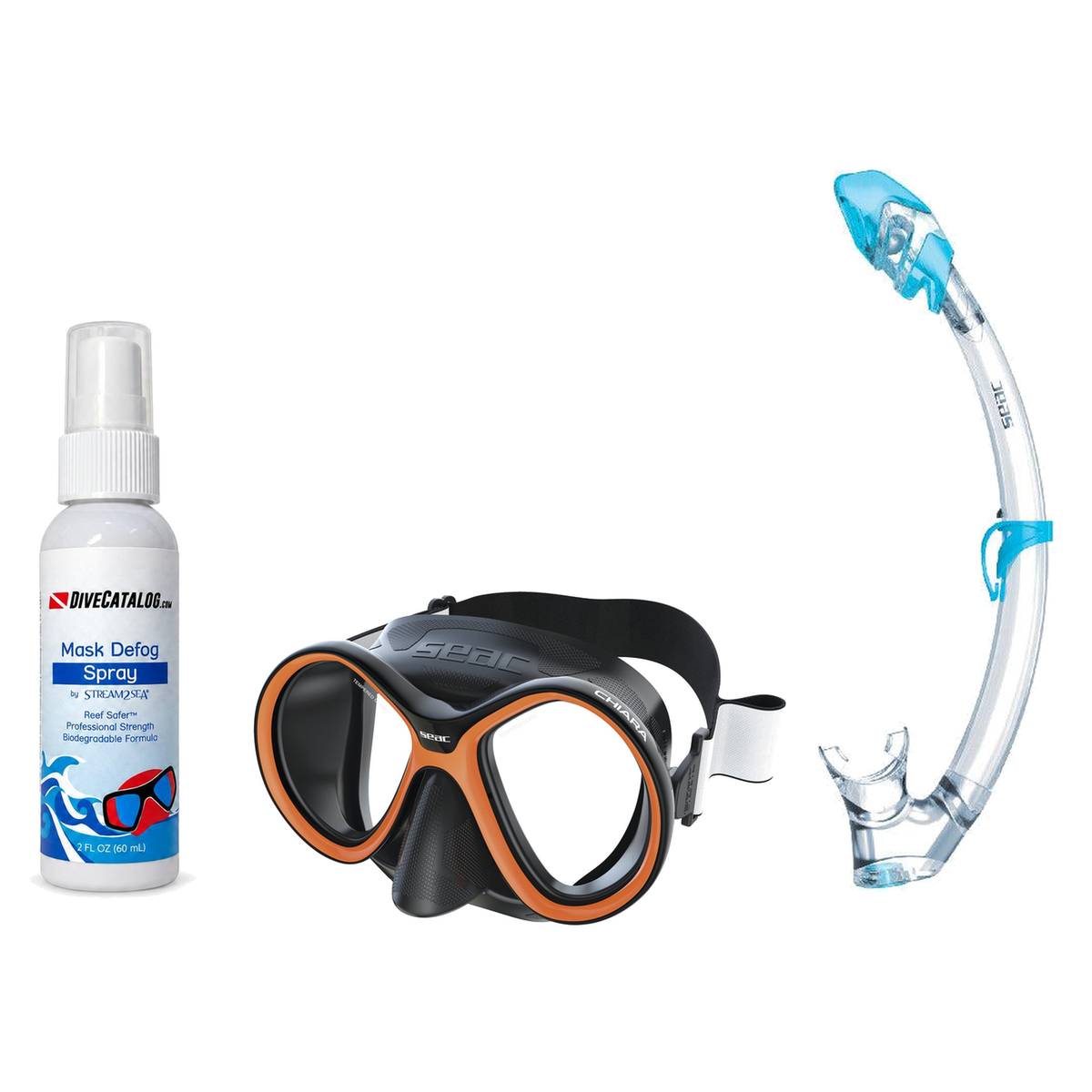 Seac Mask + Snorkel Package – Chiara Mask + Reverse Dry Snorkel + Free Mask Defog Spray — Black/Orange, Seac Tribe Dry Scuba…