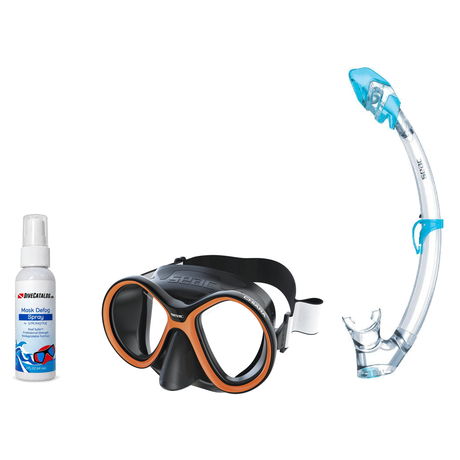 Seac Mask + Snorkel Package – Chiara Mask + Reverse Dry Snorkel + Free Mask Defog Spray — Black/Orange, Seac Tribe Dry Scuba…