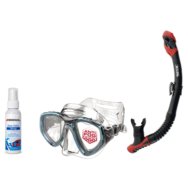 Seac Mask + Snorkel Package – Clear Anti-Fog Mask + Reverse Dry Snorkel + Free Mask Defog Spray — includes Seac Clear AT Scu…