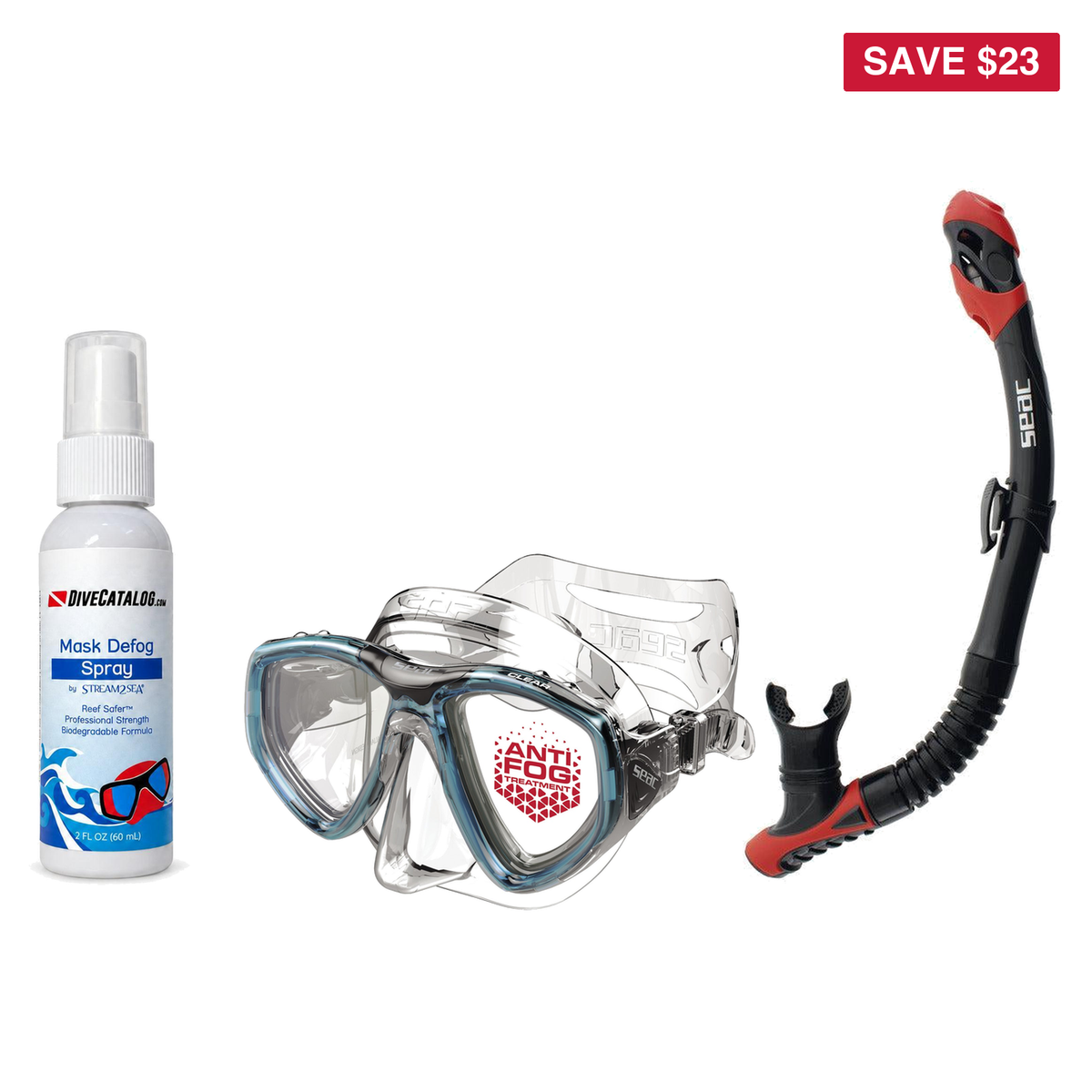 Seac Mask + Snorkel Package – Clear Anti-Fog Mask + Reverse Dry Snorkel + Free Mask Defog Spray — includes Seac Clear AT Scu…