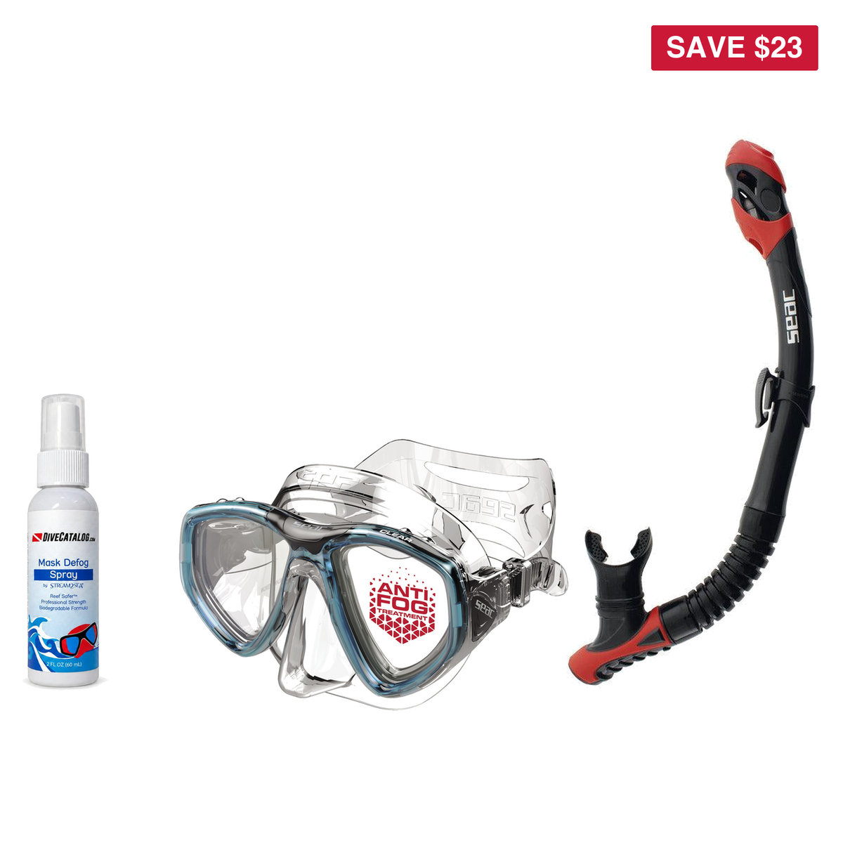 Seac Mask + Snorkel Package – Clear Anti-Fog Mask + Reverse Dry Snorkel + Free Mask Defog Spray — includes Seac Clear AT Scu…