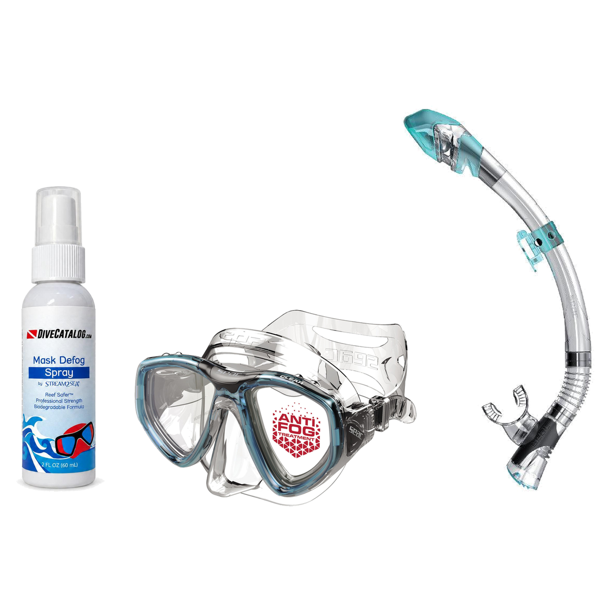 Seac Mask + Snorkel Package – Clear Anti-Fog Mask + Reverse Dry Snorkel + Free Mask Defog Spray — Aquamarine, Seac Fast Tech…