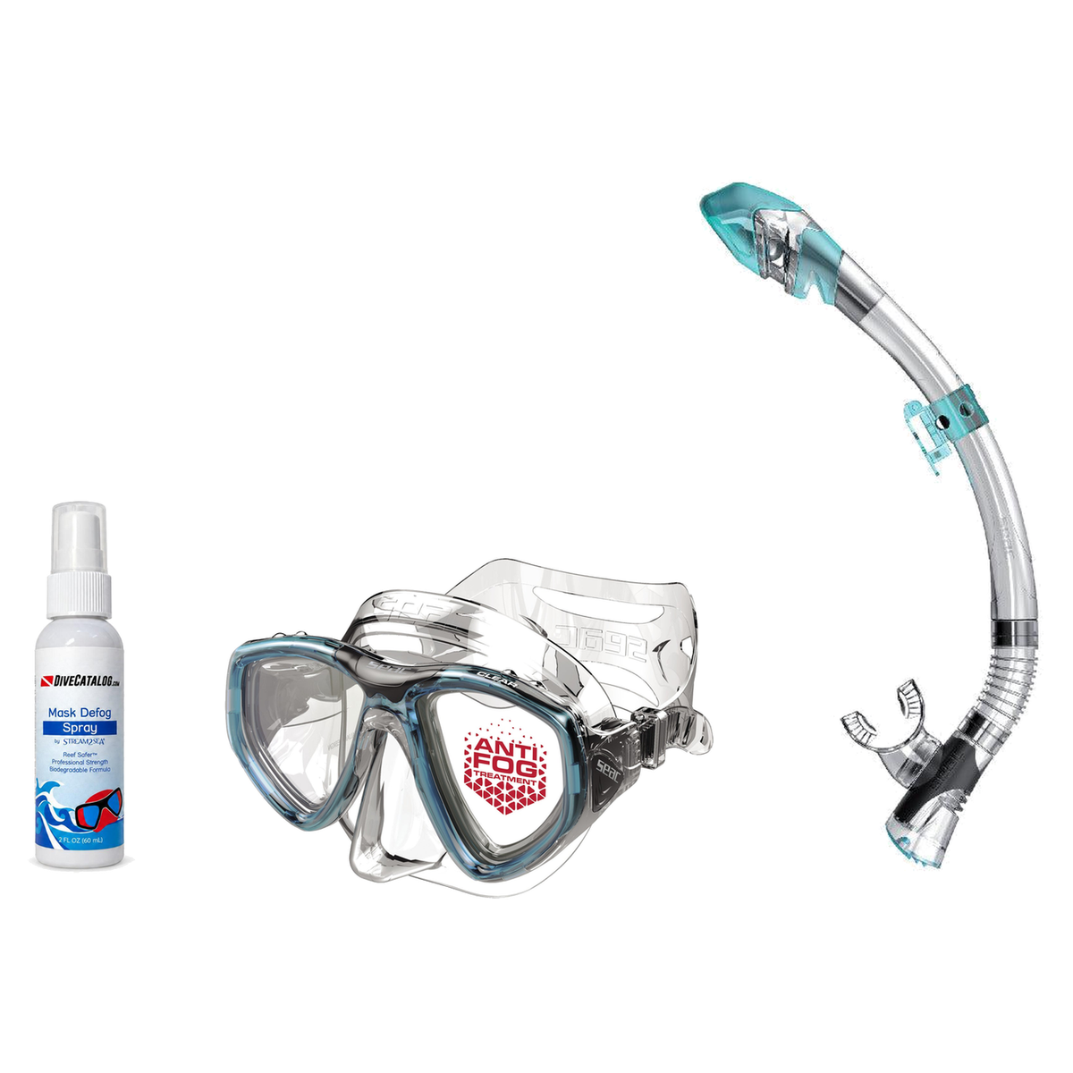 Seac Mask + Snorkel Package – Clear Anti-Fog Mask + Reverse Dry Snorkel + Free Mask Defog Spray — Aquamarine, Seac Fast Tech…