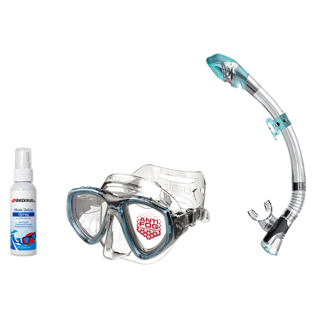 Seac Mask + Snorkel Package – Clear Anti-Fog Mask + Reverse Dry Snorkel + Free Mask Defog Spray — Aquamarine, Seac Fast Tech…