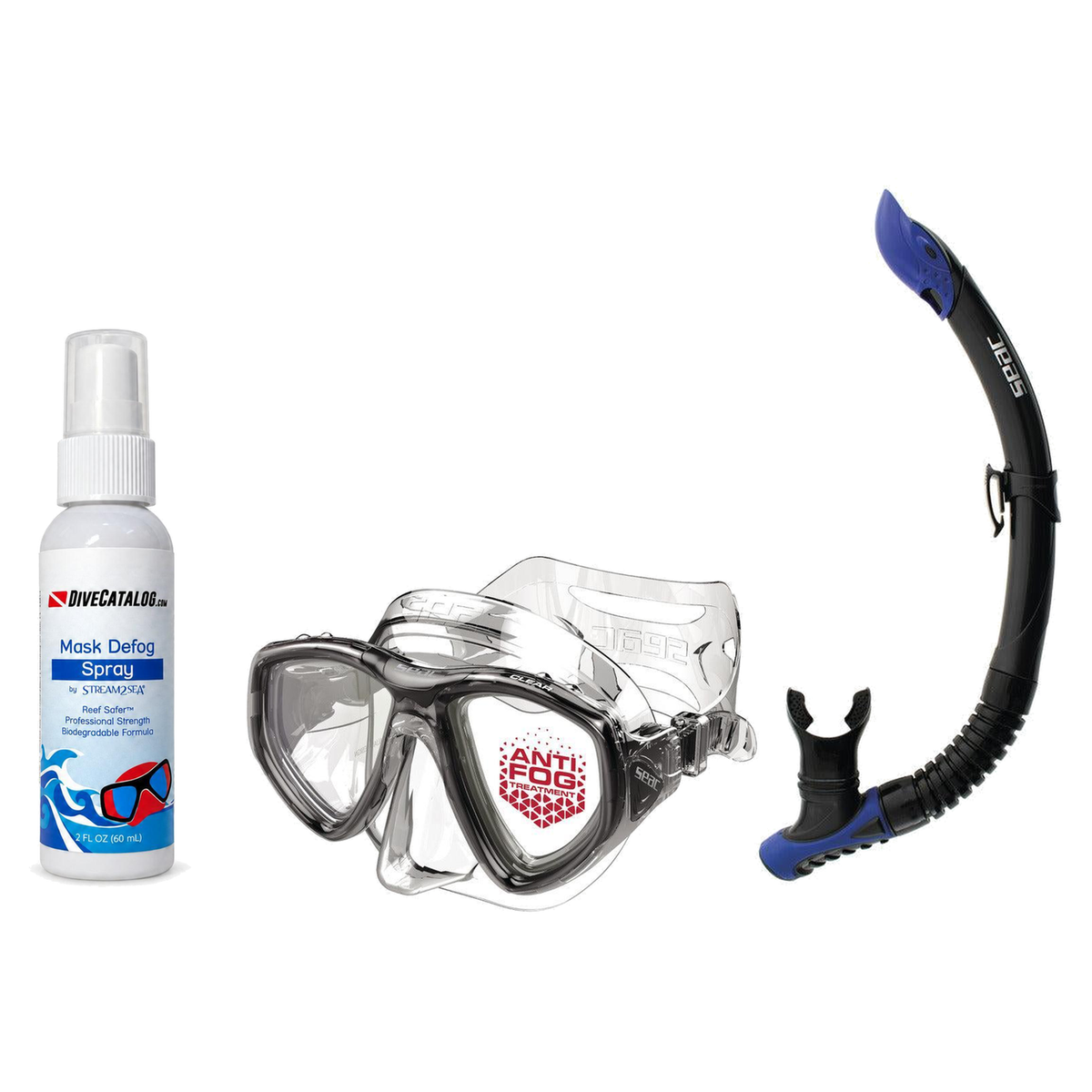 Seac Mask + Snorkel Package – Clear Anti-Fog Mask + Reverse Dry Snorkel + Free Mask Defog Spray — Black/Transparent, Seac Re…