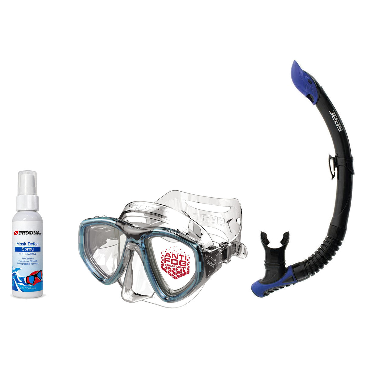 Seac Mask + Snorkel Package – Clear Anti-Fog Mask + Reverse Dry Snorkel + Free Mask Defog Spray — Aquamarine, Seac Reverse S…