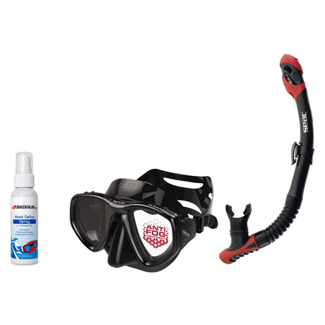 Seac Mask + Snorkel Package – Clear Anti-Fog Mask + Reverse Dry Snorkel + Free Mask Defog Spray — Black, Seac Reverse Dry Sn…
