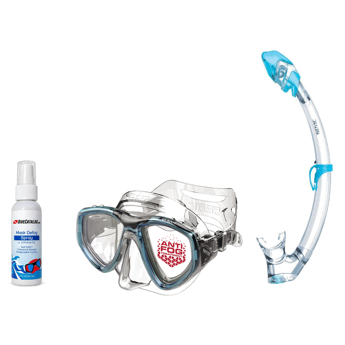 Seac Mask + Snorkel Package – Clear Anti-Fog Mask + Reverse Dry Snorkel + Free Mask Defog Spray — Aquamarine, Seac Tribe Dry…