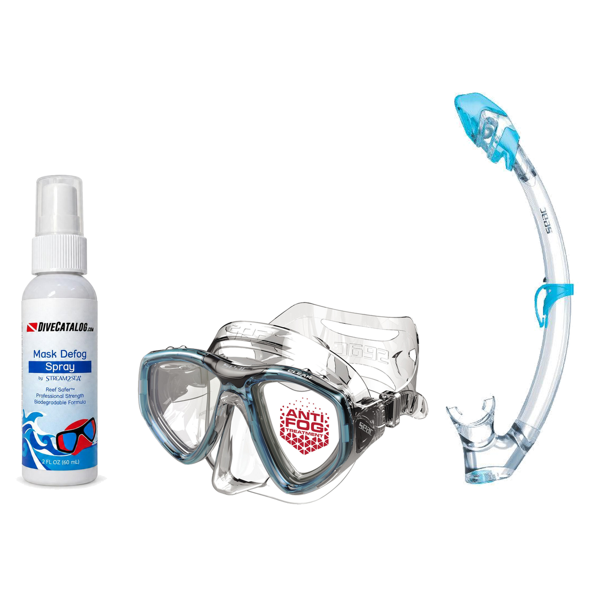 Seac Mask + Snorkel Package – Clear Anti-Fog Mask + Reverse Dry Snorkel + Free Mask Defog Spray — Aquamarine, Seac Tribe Dry…
