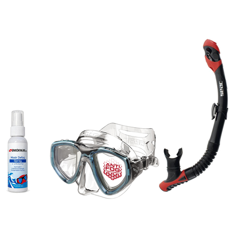Seac Mask + Snorkel Package – Clear Anti-Fog Mask + Reverse Dry Snorkel + Free Mask Defog Spray — Aquamarine, Seac Reverse D…