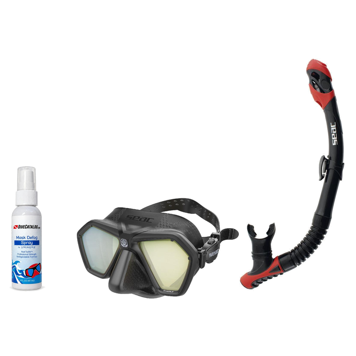 Seac Mask + Snorkel Package – Eagle Low Volume Mask + Reverse Dry Snorkel + Free Mask Defog Spray — Black/Yellow, Seac Rever…