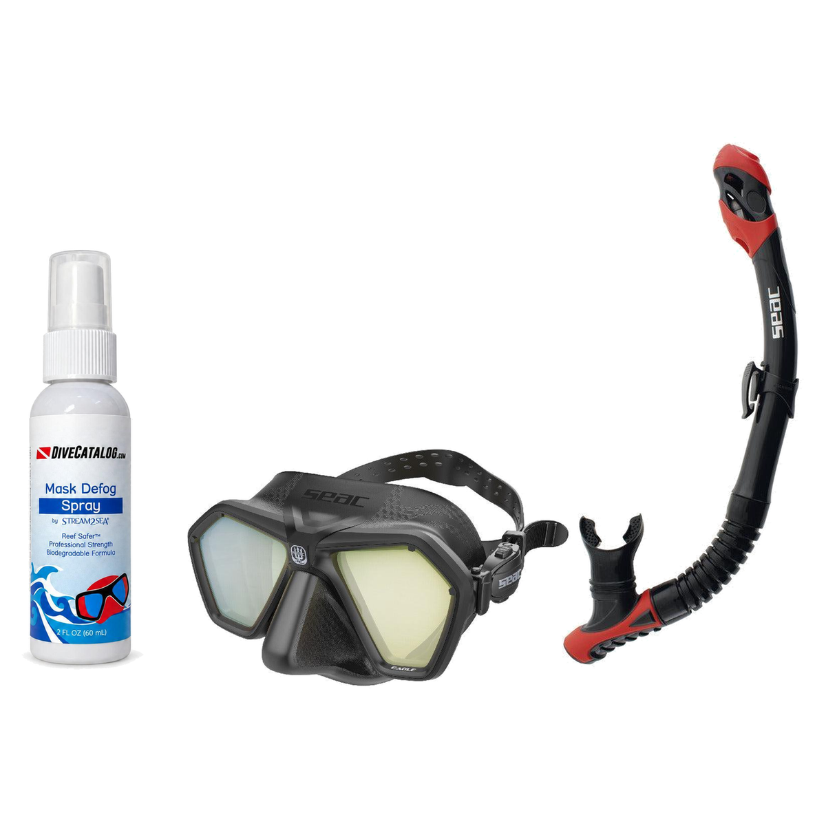 Seac Mask + Snorkel Package – Eagle Low Volume Mask + Reverse Dry Snorkel + Free Mask Defog Spray — Black/Yellow, Seac Rever…