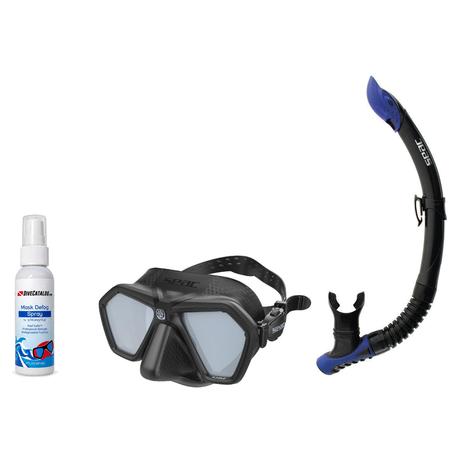 Seac Mask + Snorkel Package – Eagle Low Volume Mask + Reverse Dry Snorkel + Free Mask Defog Spray — Black/Silver, Seac Rever…