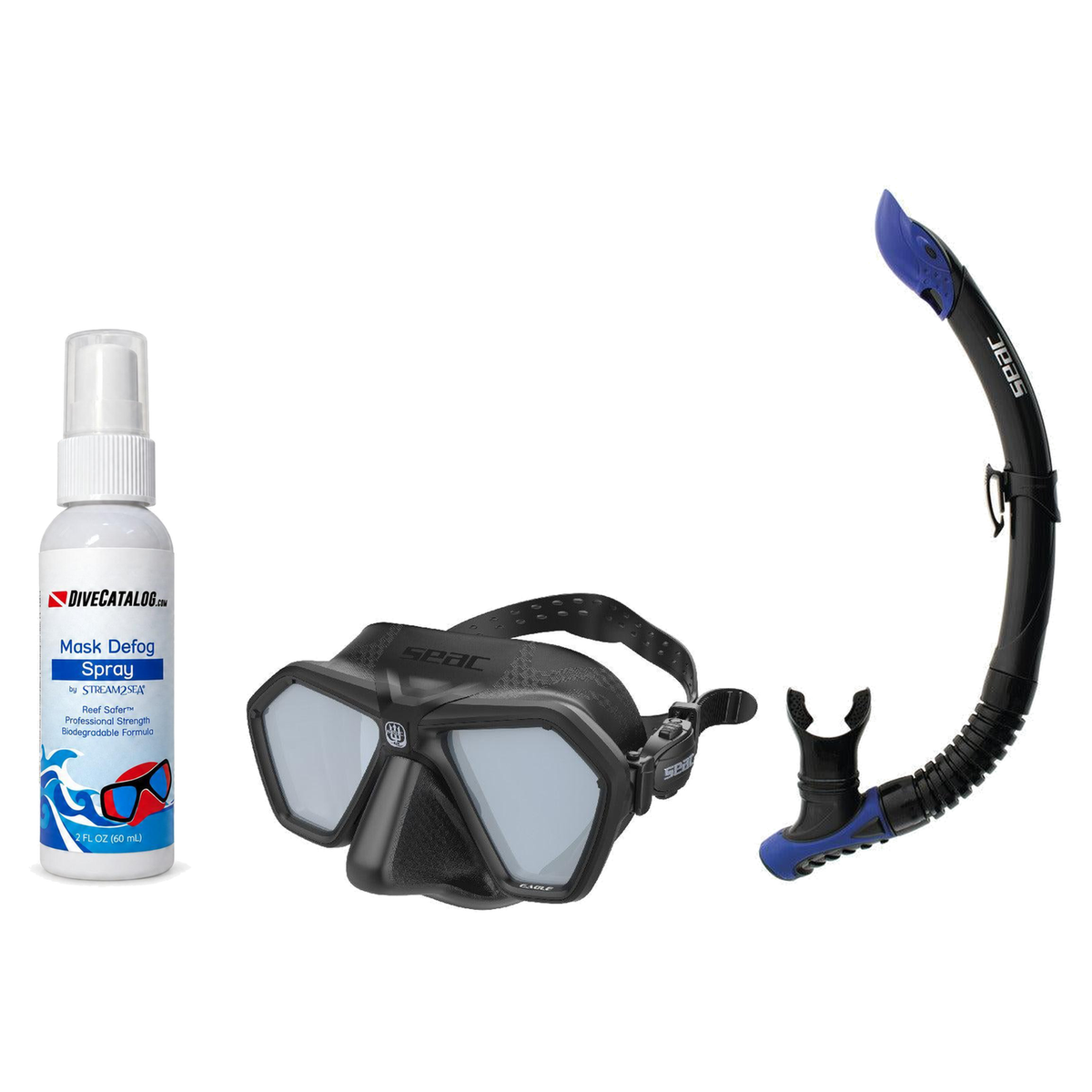 Seac Mask + Snorkel Package – Eagle Low Volume Mask + Reverse Dry Snorkel + Free Mask Defog Spray — Black/Silver, Seac Rever…