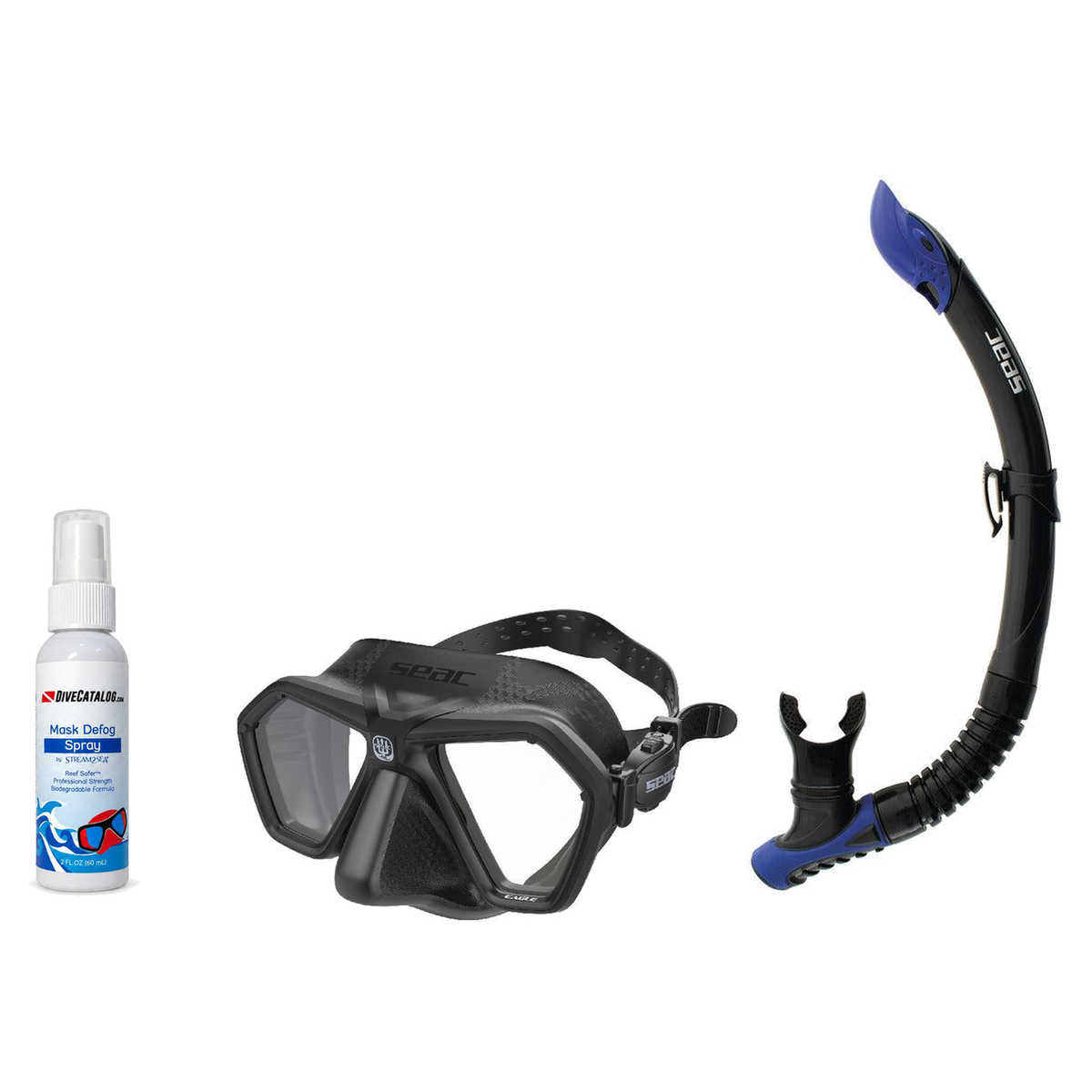 Seac Mask + Snorkel Package – Eagle Low Volume Mask + Reverse Dry Snorkel + Free Mask Defog Spray — Black, Seac Reverse Snor…