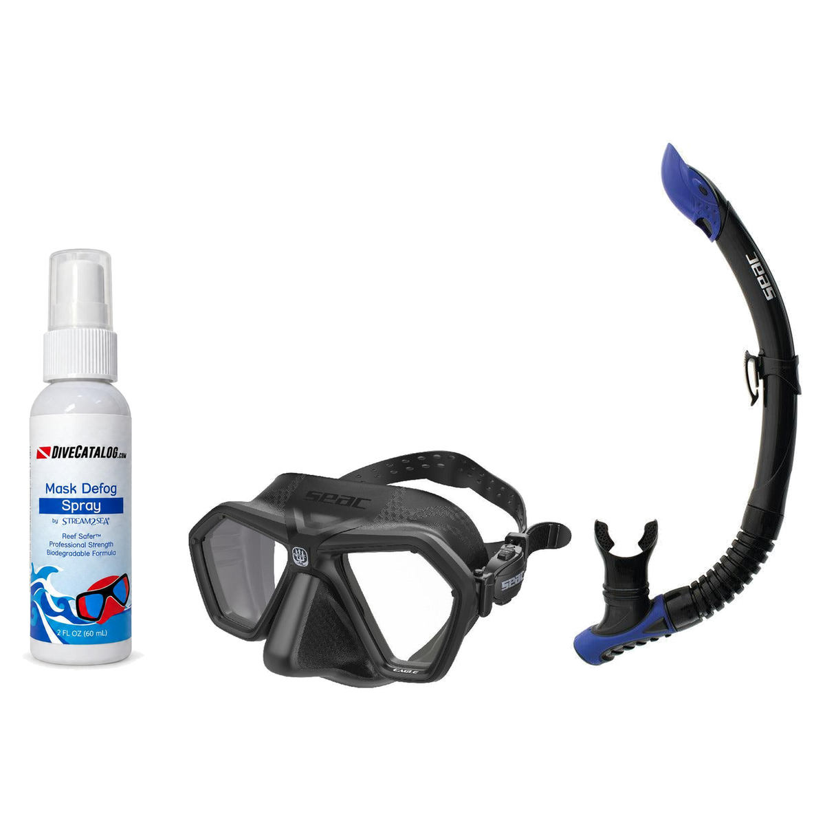 Seac Mask + Snorkel Package – Eagle Low Volume Mask + Reverse Dry Snorkel + Free Mask Defog Spray — Black, Seac Reverse Snor…