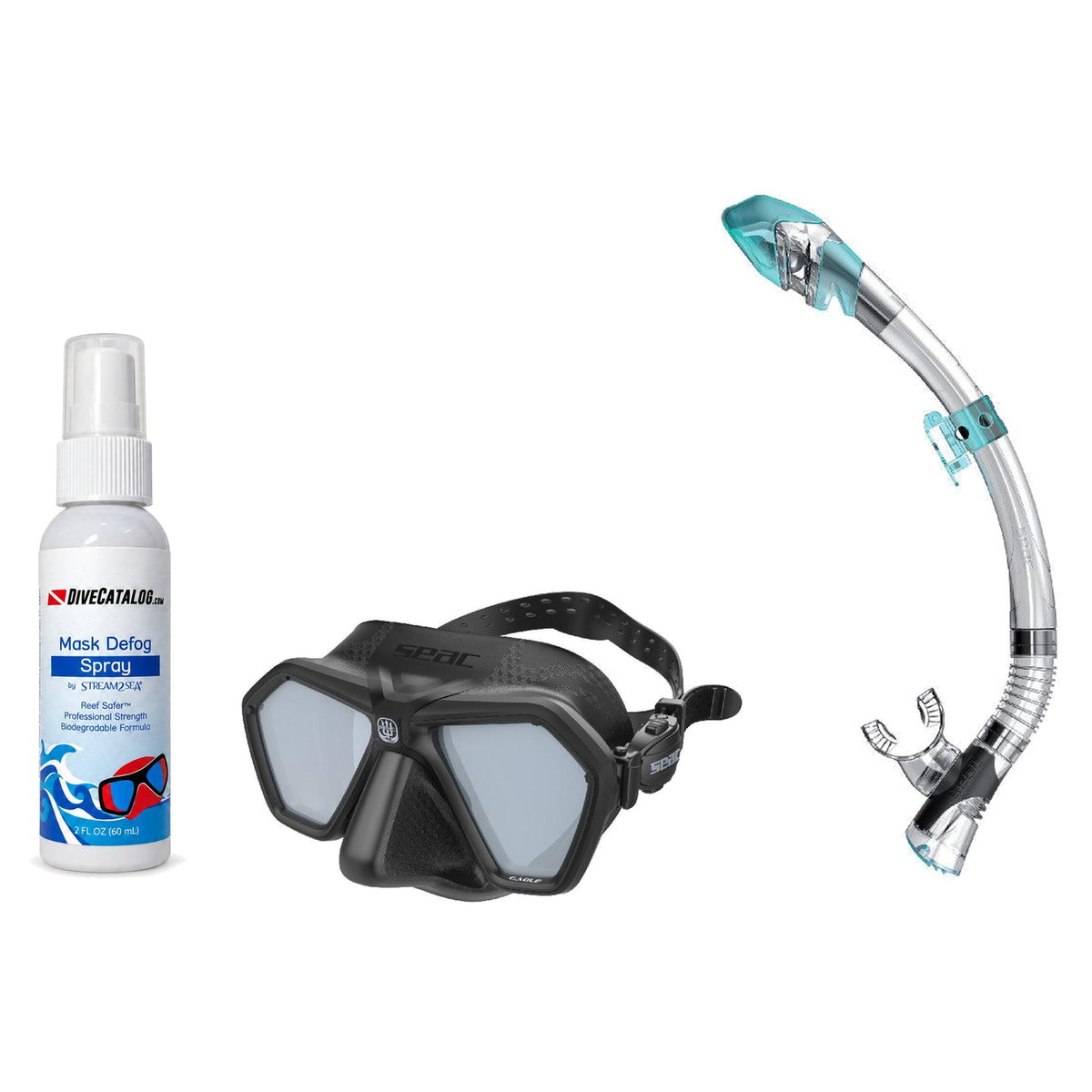Seac Mask + Snorkel Package – Eagle Low Volume Mask + Reverse Dry Snorkel + Free Mask Defog Spray — Black/Silver, Seac Fast…