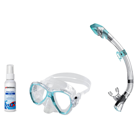 Seac Mask + Snorkel Package – Elba Adult Mask + Tribe Dry Snorkel + Free Mask Defog Spray — s/kl Aquamarine, Seac Fast Tech…