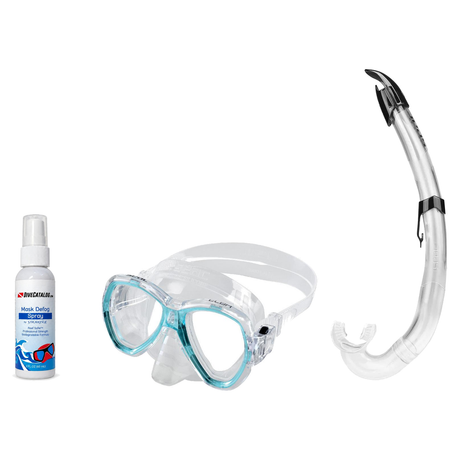 Seac Mask + Snorkel Package – Elba Adult Mask + Tribe Dry Snorkel + Free Mask Defog Spray — s/kl Aquamarine, Seac Flash Snor…