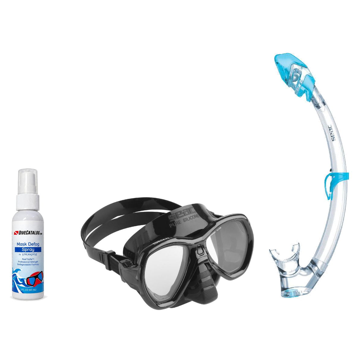 Seac Mask + Snorkel Package – Elba Adult Mask + Tribe Dry Snorkel + Free Mask Defog Spray — Black, Seac Tribe Dry Scuba Divi…
