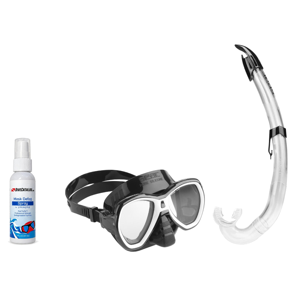 Seac Mask + Snorkel Package – Elba Adult Mask + Tribe Dry Snorkel + Free Mask Defog Spray — White, Seac Flash Snorkel