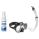Seac Mask + Snorkel Package – Elba Adult Mask + Tribe Dry Snorkel + Free Mask Defog Spray — White, Seac Flash Snorkel