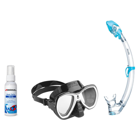 Seac Mask + Snorkel Package – Elba Adult Mask + Tribe Dry Snorkel + Free Mask Defog Spray — White, Seac Tribe Dry Scuba Divi…