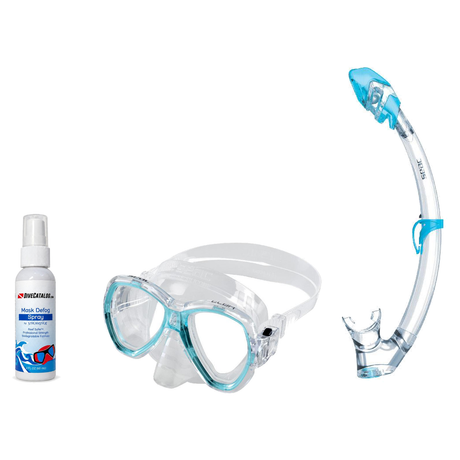 Seac Mask + Snorkel Package – Elba Adult Mask + Tribe Dry Snorkel + Free Mask Defog Spray — s/kl Aquamarine, Seac Tribe Dry…
