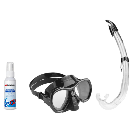 Seac Mask + Snorkel Package – Elba Adult Mask + Tribe Dry Snorkel + Free Mask Defog Spray — Black, Seac Flash Snorkel