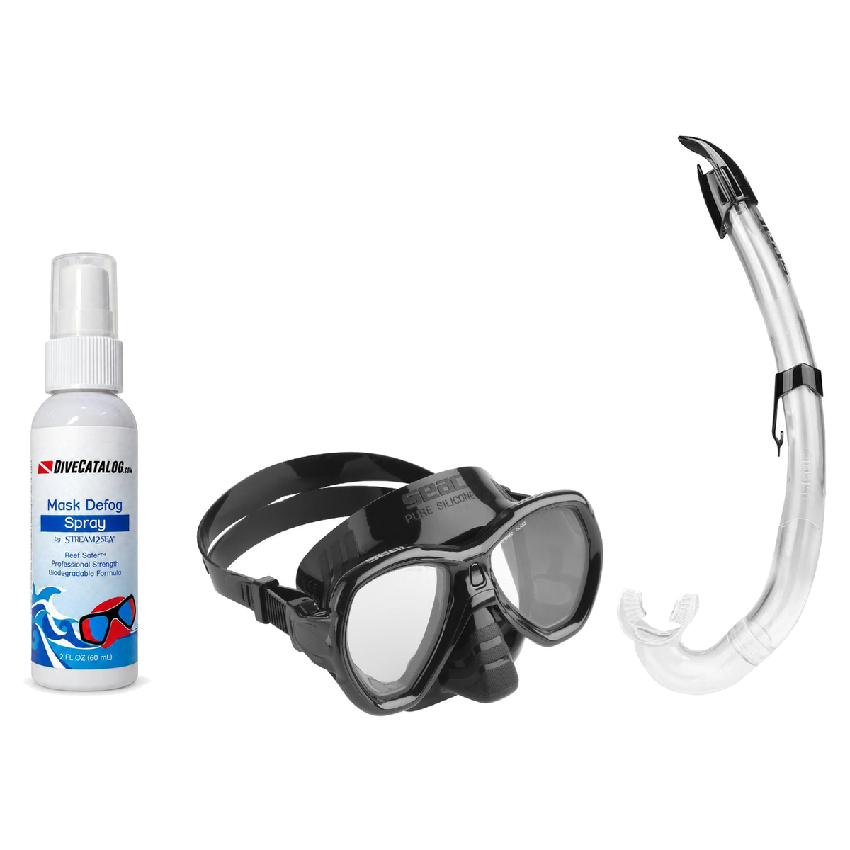 Seac Mask + Snorkel Package – Elba Adult Mask + Tribe Dry Snorkel + Free Mask Defog Spray — Black, Seac Flash Snorkel