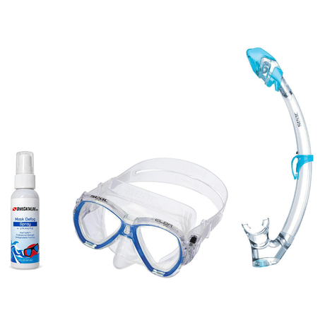 Seac Mask + Snorkel Package – Elba Adult Mask + Tribe Dry Snorkel + Free Mask Defog Spray — S/kl Blue, Seac Tribe Dry Scuba…