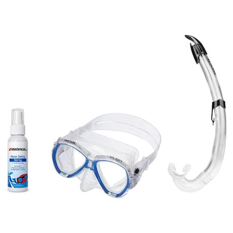 Seac Mask + Snorkel Package – Elba Adult Mask + Tribe Dry Snorkel + Free Mask Defog Spray — S/kl Blue, Seac Flash Snorkel
