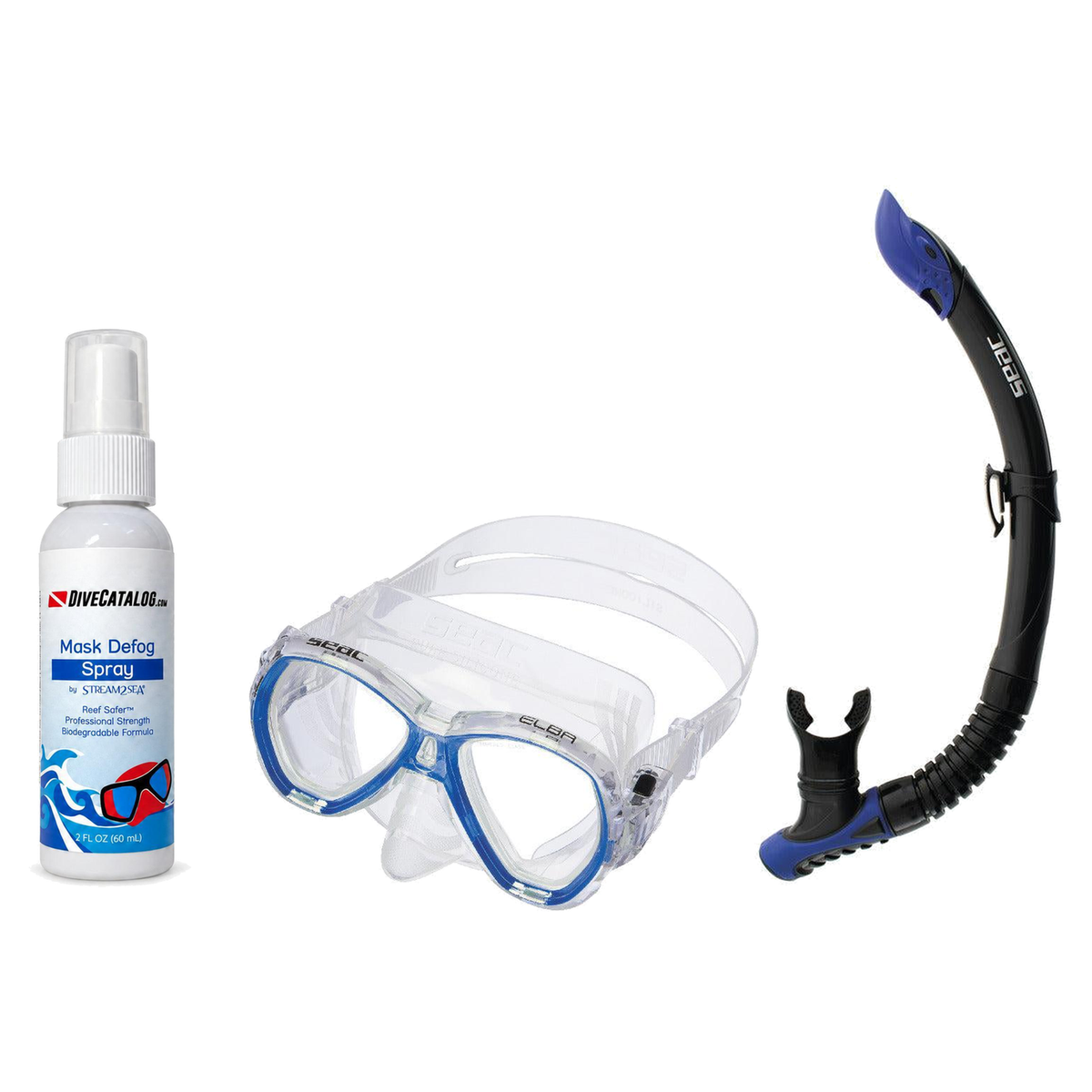 Seac Mask + Snorkel Package – Elba Adult Mask + Tribe Dry Snorkel + Free Mask Defog Spray — S/kl Blue, Seac Reverse Snorkel…