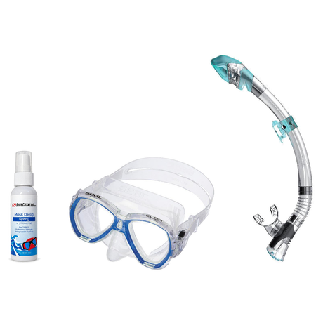 Seac Mask + Snorkel Package – Elba Adult Mask + Tribe Dry Snorkel + Free Mask Defog Spray — S/kl Blue, Seac Fast Tech Dry Ad…