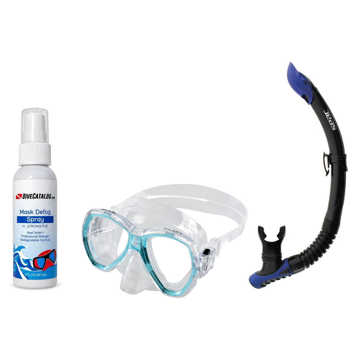 Seac Mask + Snorkel Package – Elba Adult Mask + Tribe Dry Snorkel + Free Mask Defog Spray — s/kl Aquamarine, Seac Reverse Sn…