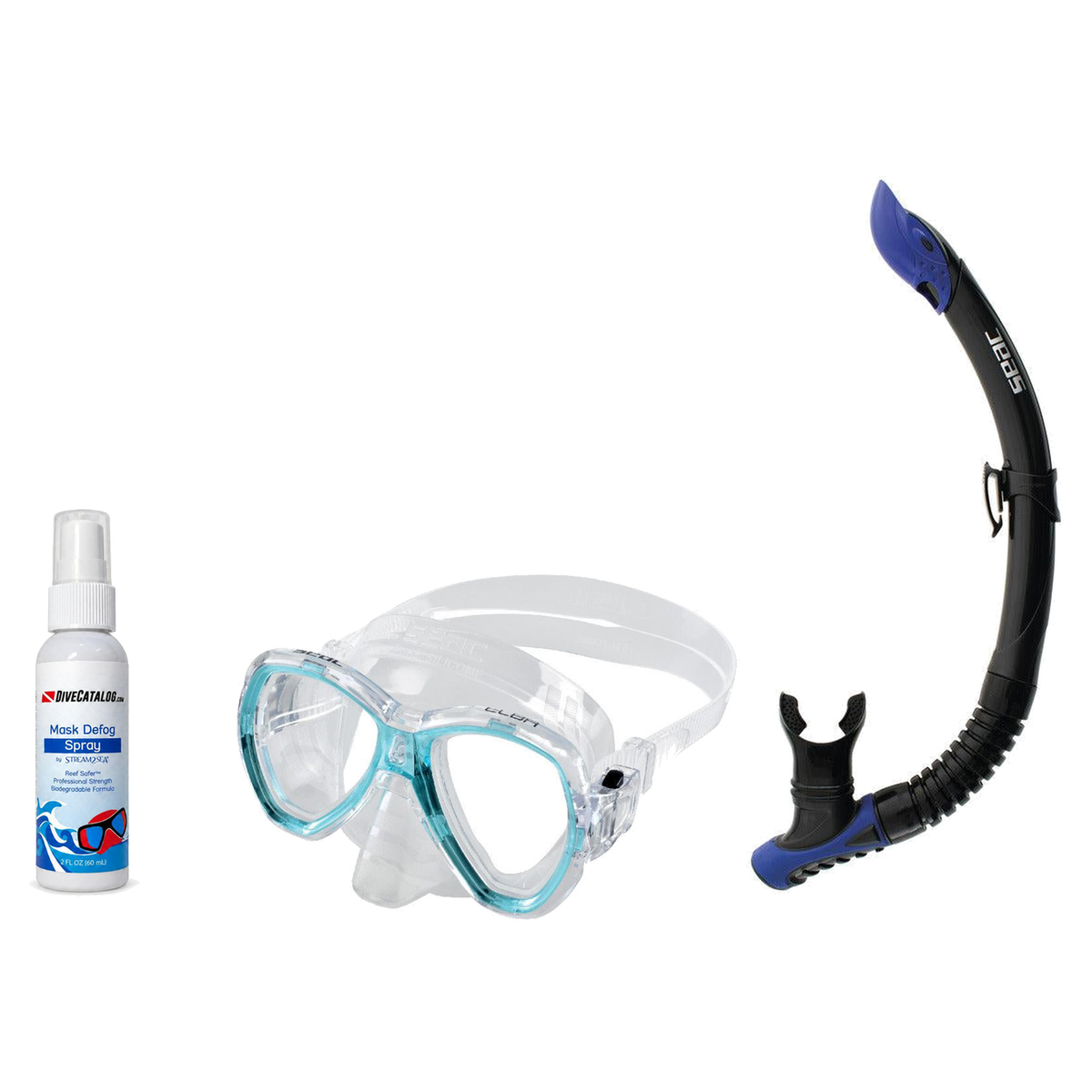 Seac Mask + Snorkel Package – Elba Adult Mask + Tribe Dry Snorkel + Free Mask Defog Spray — s/kl Aquamarine, Seac Reverse Sn…
