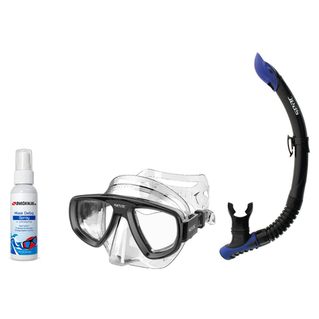 Seac Mask + Snorkel Package – Extreme 50 Years Mask + Tribe Dry Snorkel + Free Mask Defog Spray — Black/Clear, Seac Reverse…