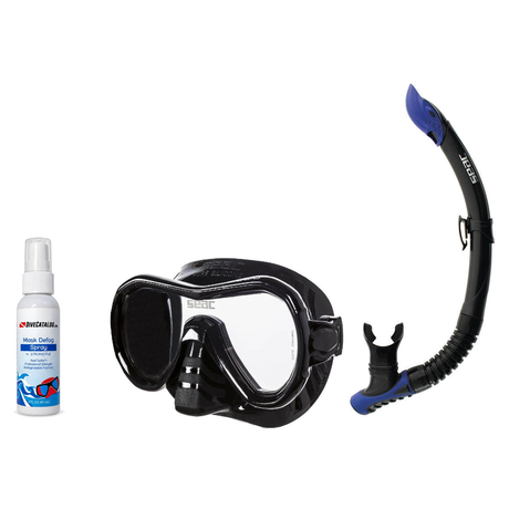 Seac Mask + Snorkel Package – Giglio Adult Mask + Tribe Dry Snorkel + Free Mask Defog Spray — Black, Seac Reverse Snorkel An…