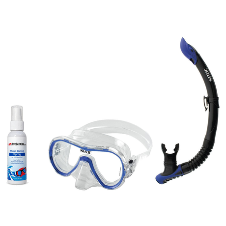 Seac Mask + Snorkel Package – Giglio Adult Mask + Tribe Dry Snorkel + Free Mask Defog Spray — S/kl Blue, Seac Reverse Snorke…
