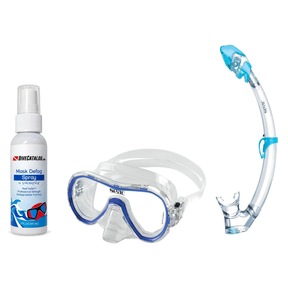 Seac Mask + Snorkel Package – Giglio Adult Mask + Tribe Dry Snorkel + Free Mask Defog Spray — S/kl Blue, Seac Tribe Dry Scub…