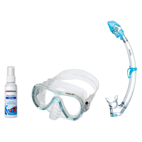 Seac Mask + Snorkel Package – Giglio Adult Mask + Tribe Dry Snorkel + Free Mask Defog Spray — s/kl Aquamarine, Seac Tribe Dr…