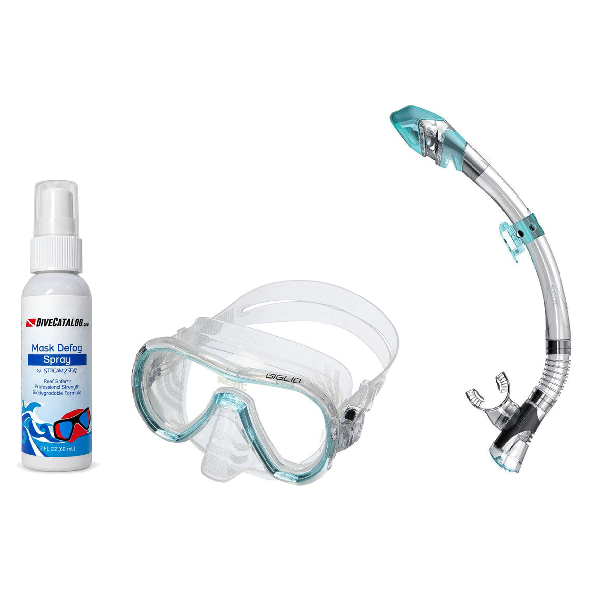 Seac Mask + Snorkel Package – Giglio Adult Mask + Tribe Dry Snorkel + Free Mask Defog Spray — s/kl Aquamarine, Seac Fast Tec…