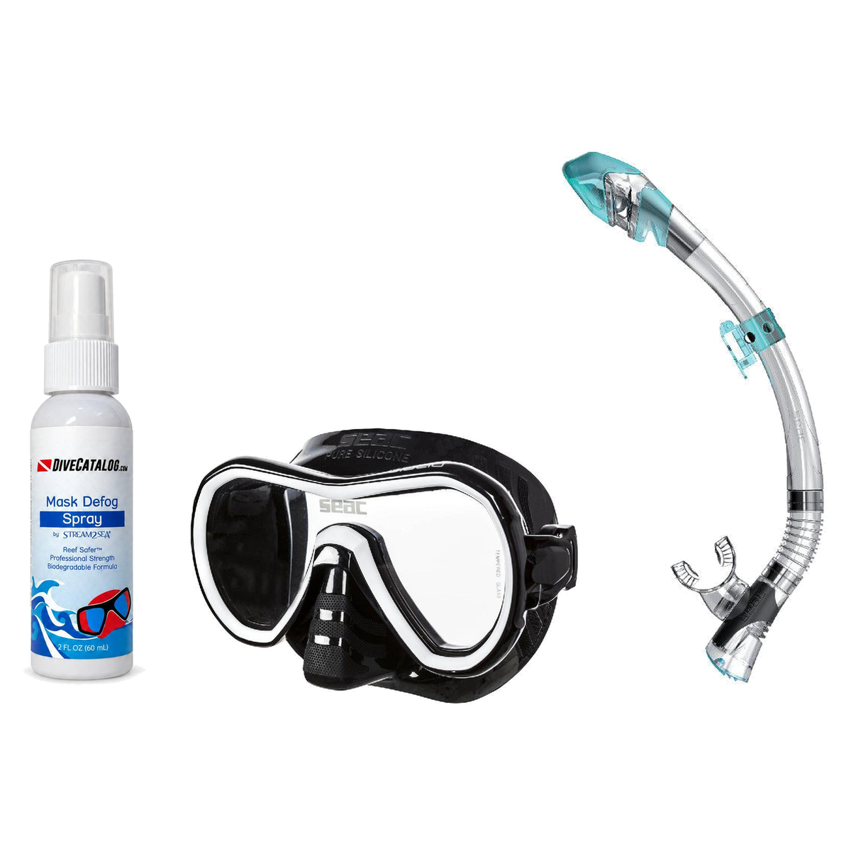 Seac Mask + Snorkel Package – Giglio Adult Mask + Tribe Dry Snorkel + Free Mask Defog Spray — Black/White, Seac Fast Tech Dr…